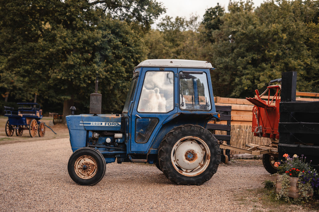 Amy-Ellen and Piere’s Rock n’ Roll Wedding in the forest with tractor entrance