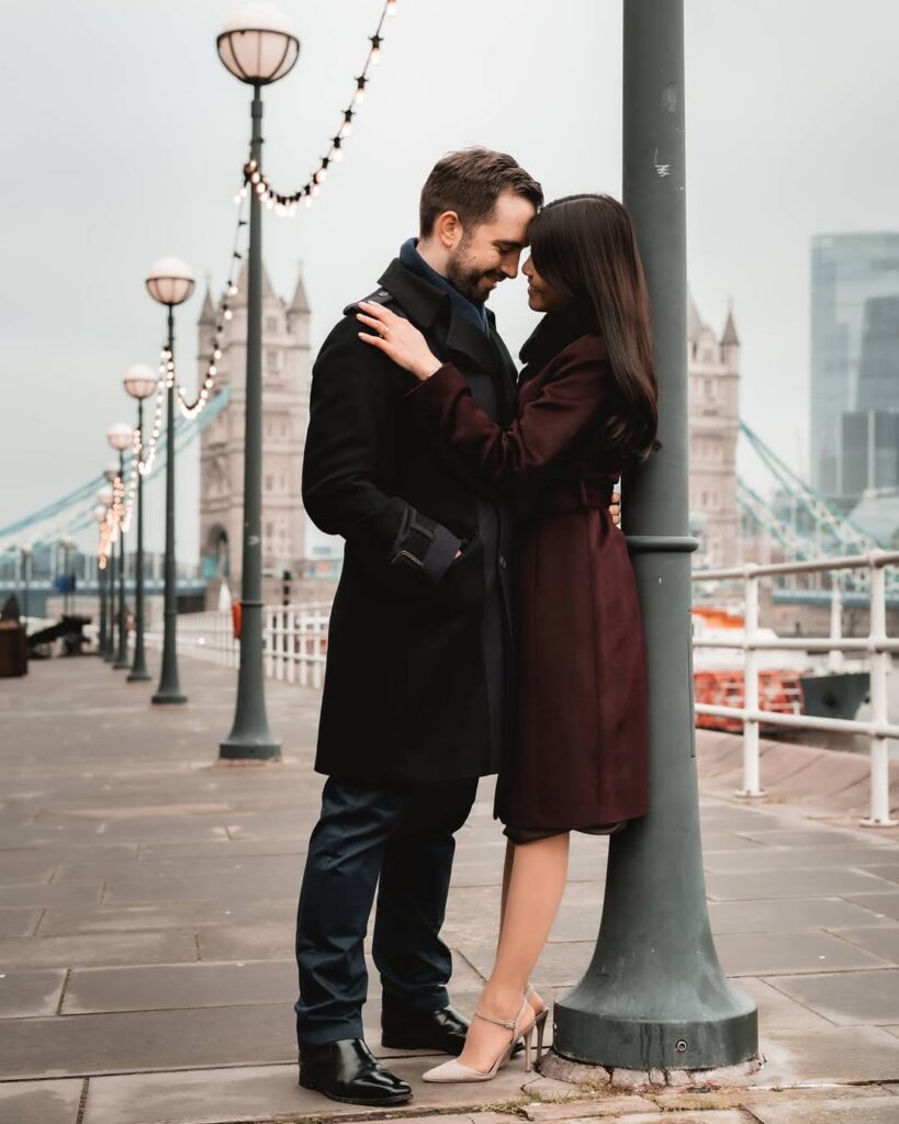 Engagement photos London couple portrait at Tower Bridge