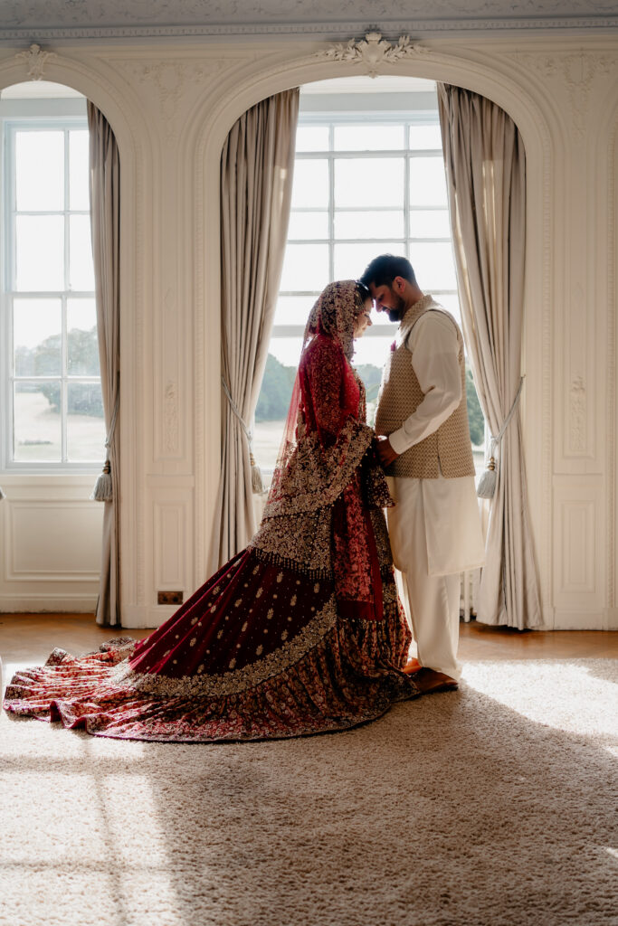 Muslim wedding couple portrait inside Addington Palace