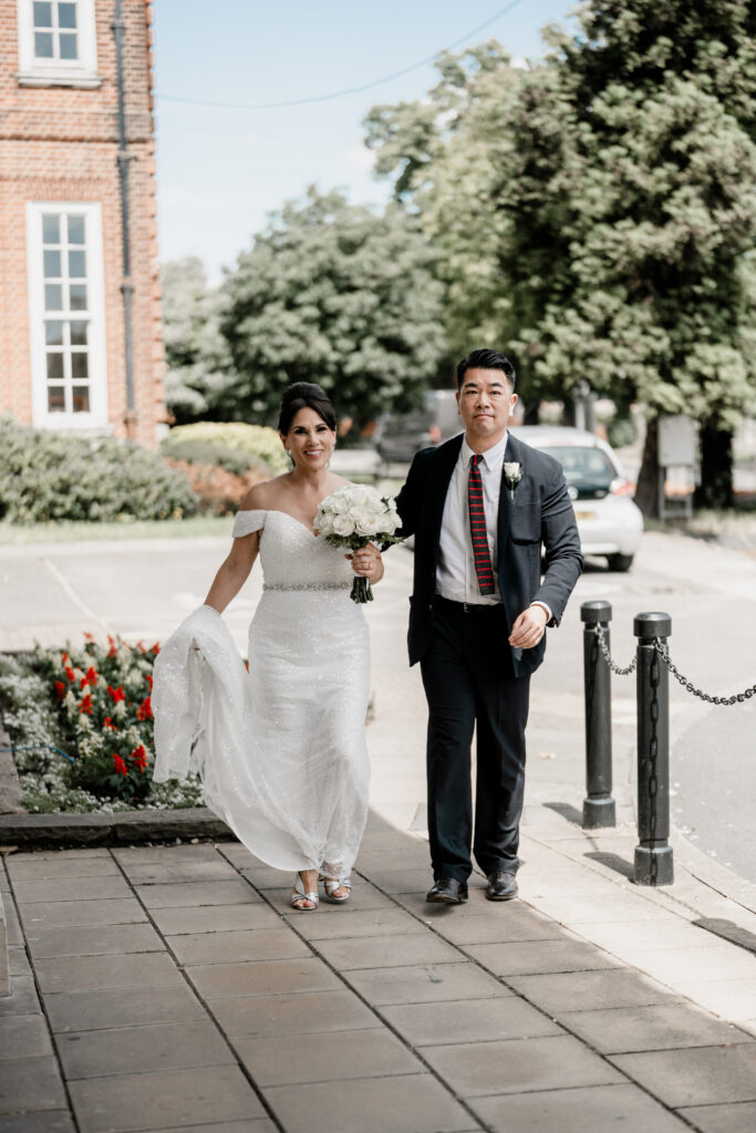 Bride arriving at Hendon Town Hall wedding ceremony