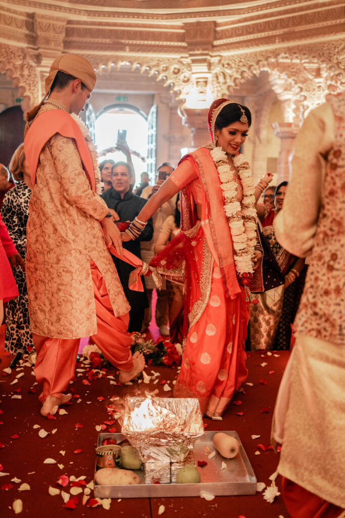Bride and groom during temple wedding ceremony