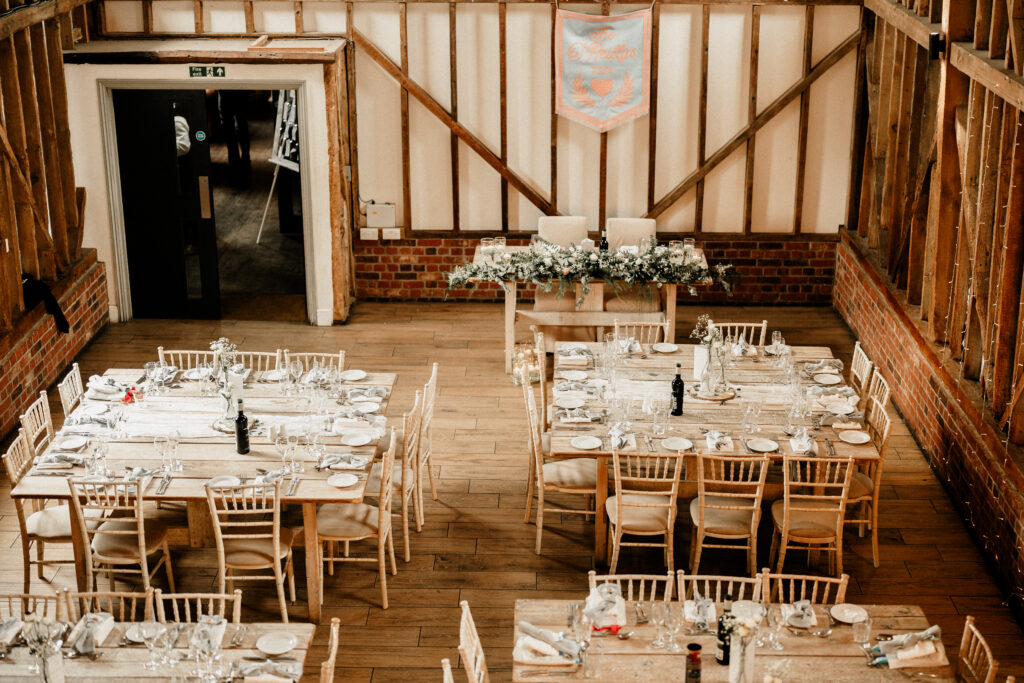 Rustic barn wedding reception in Hertfordshire